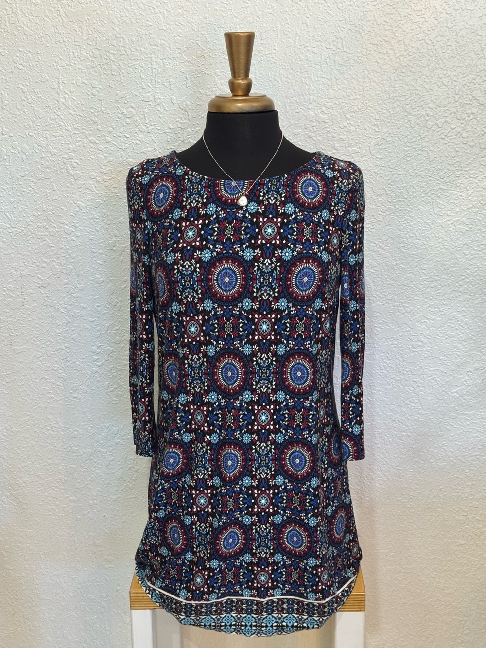 George Black Floral Mosaic Tunic with Blue and Burgundy Accents